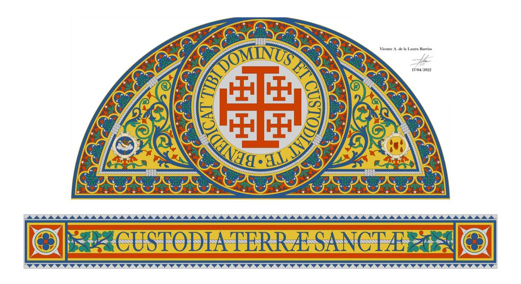 Signed design sketch by Vicente A. de Lastra Barrios showing the Jerusalem cross and floral borders.